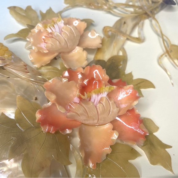 Vintage Asian Shell Art Peacock Flowers Framed Wall Art - Picture 8 of 13